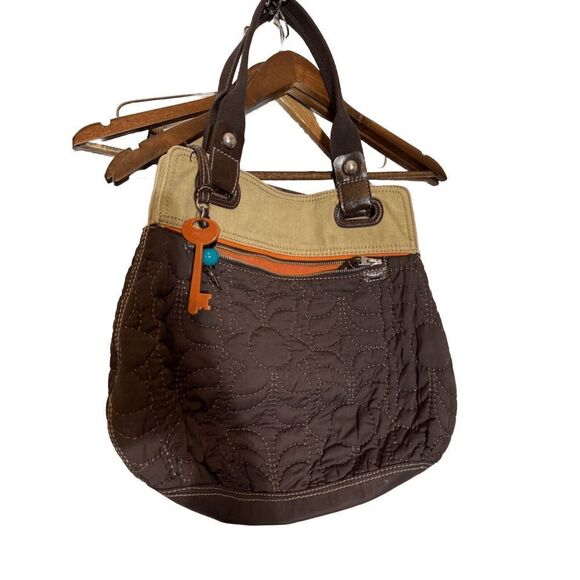 FOSSIL KEY-PER HOBO SHOULDER BAG PURSE Brown NYLON QUILTED Floral Brass Accents‎ - Picture 1 of 7